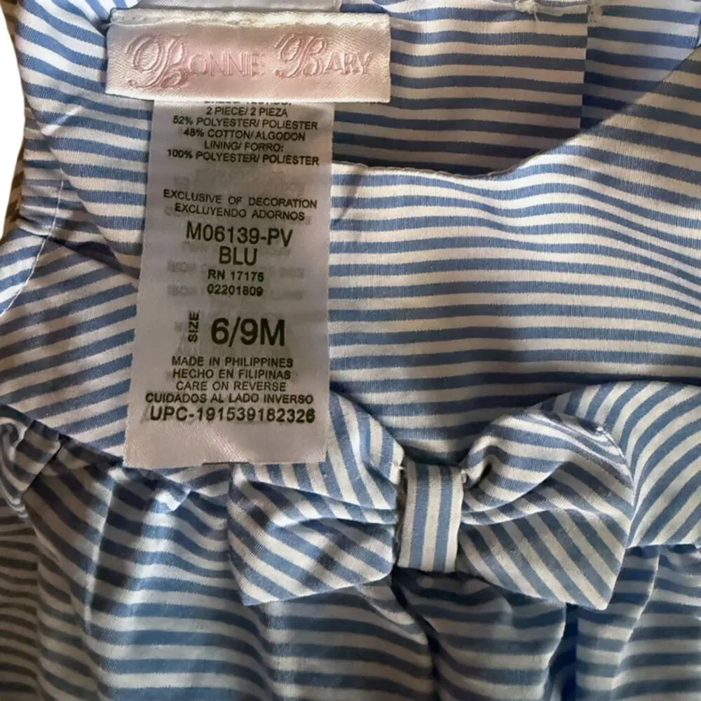 Bonnie Baby Blue White Striped Dress & Hat 3 Piece Outfit Size 6-9 Months